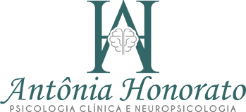 arte com um A e um H sobrepostos, em verde, com um cérebro no meio, em cinza, escrito Antônia Honorato, abaixo, em verde e Psicologia Clínica e Neuropsicologia, mais abaixo, em cinza
