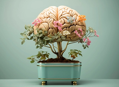 imagem de um vaso de plantas com um cérebro florescendo no topo das plantas. Arte criada por inteligência artificial